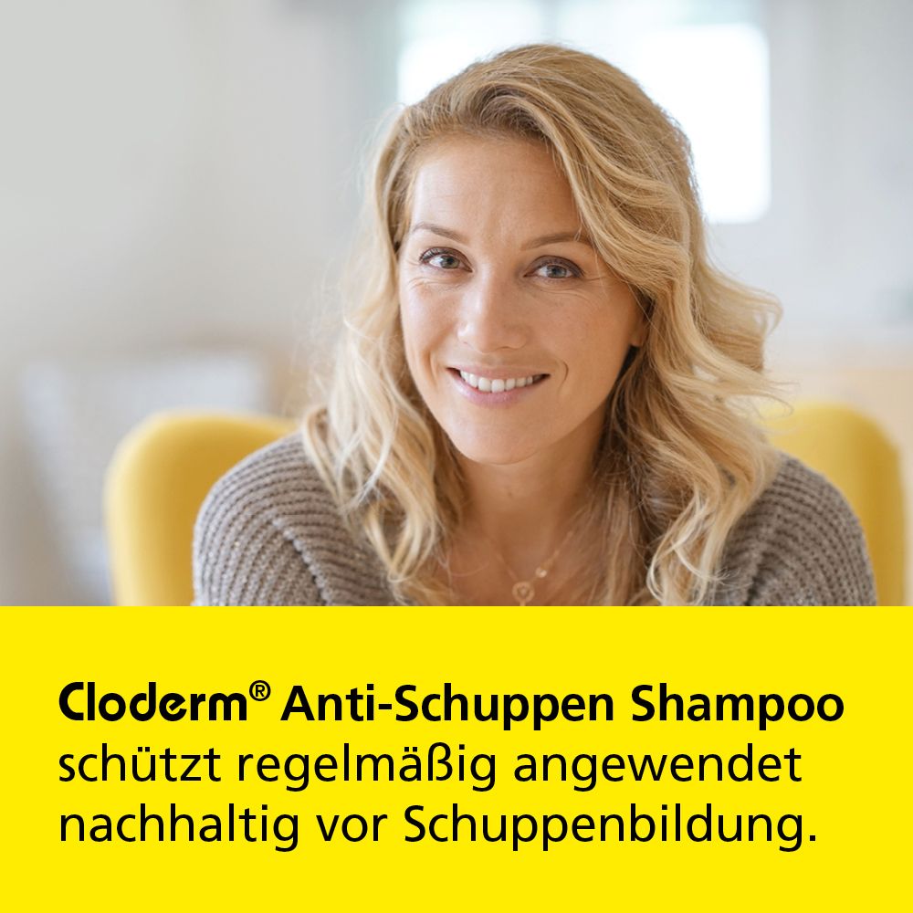 Femme souriante. Fond jaune avec texte: Cloderm® Shampooing antipelliculaire protège durablement contre les pellicules.