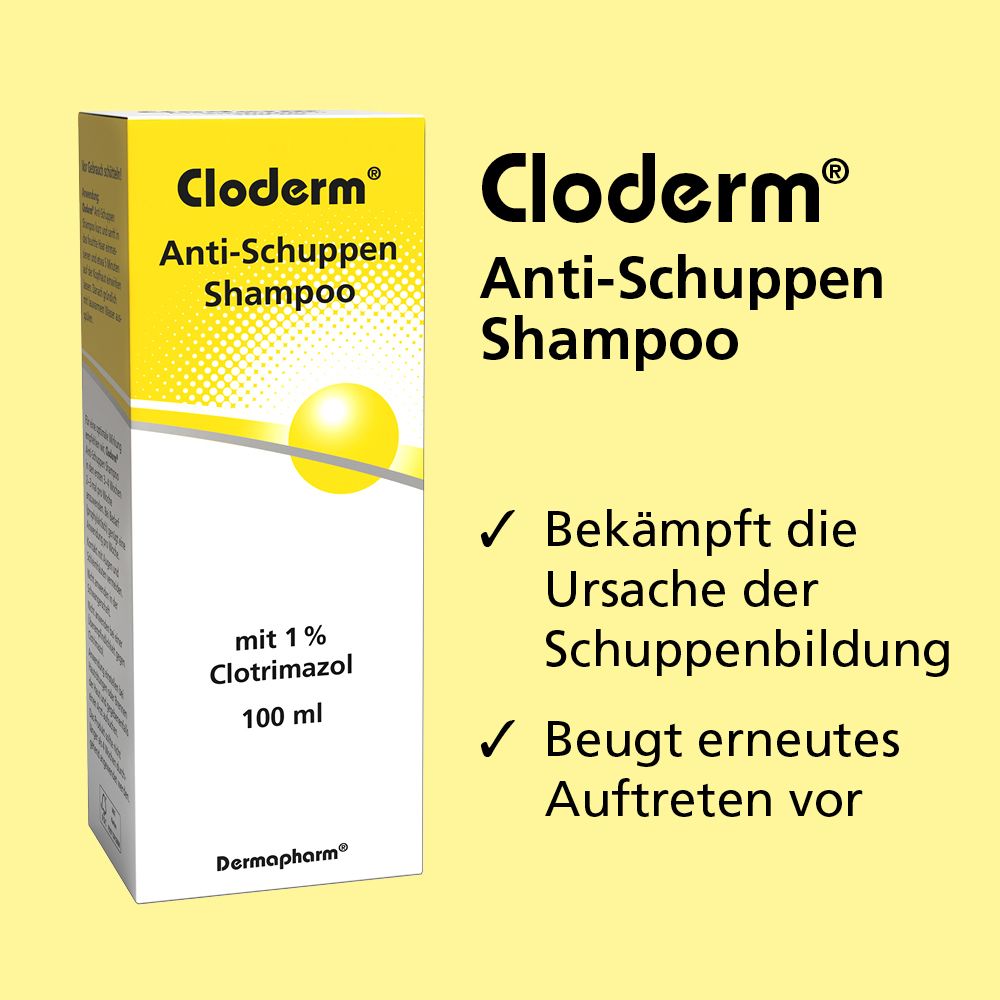 Cloderm® Shampoo antipelliculaire. Combat la cause des pellicules. Prévient leur réapparition. Fond jaune.