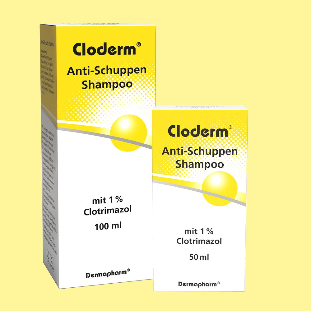 Cloderm® Shampooing antipelliculaire. Deux tailles : 100 ml et 50 ml. Emballage blanc et jaune.