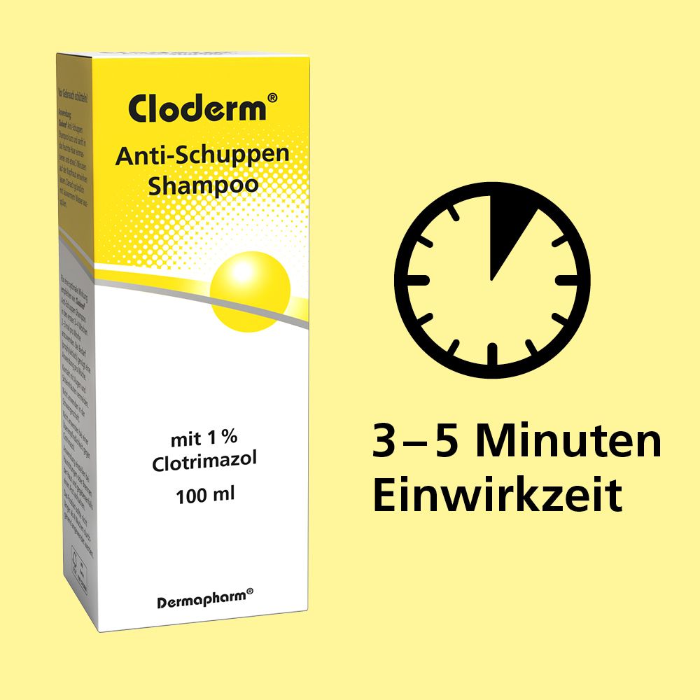 Cloderm® Shampooing antipelliculaire. Emballage jaune. Temps de pose 3-5 minutes. Symbole d'horloge.