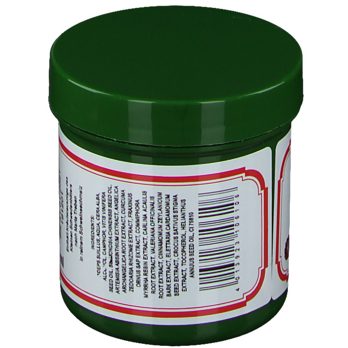 Rückseite eines grünen Tiegels. Zutatenliste und Herstellerinformationen. Roter Rahmen um das Etikett. Barcode.