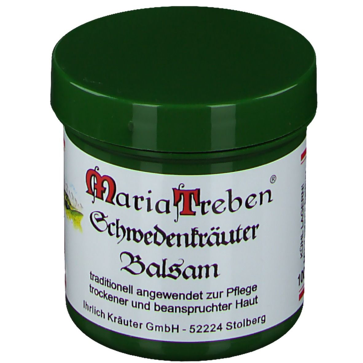 Grüner Tiegel mit weißem Etikett. Aufschrift: Maria Treben Schwedenkräuter Balsam. Traditionelle Anwendung für trockene Haut. Firma in Stolberg.