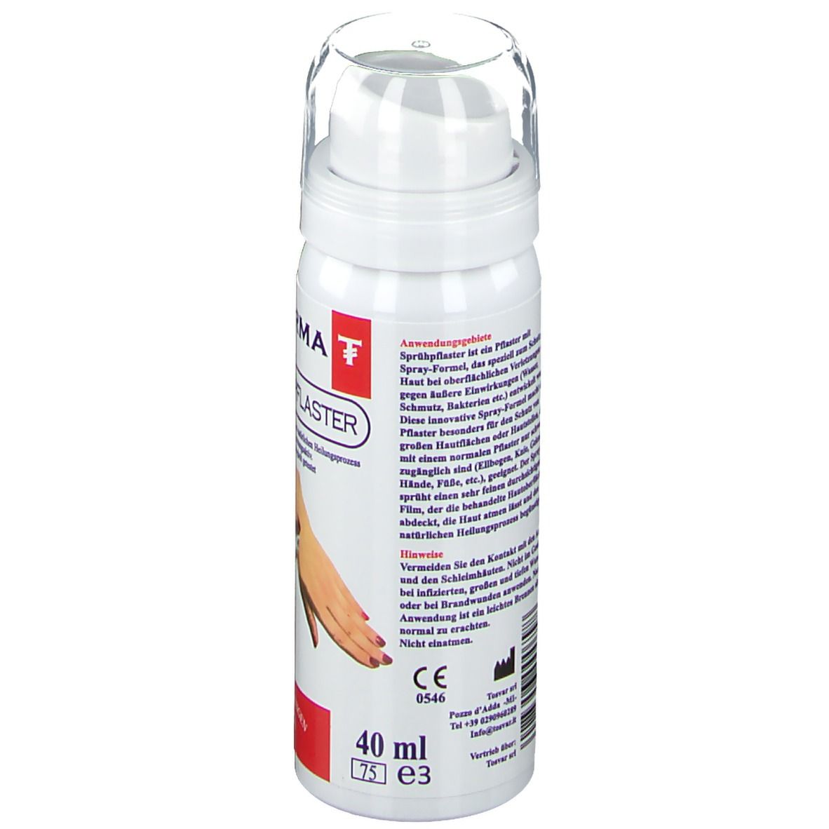 Weiße Sprühflasche mit transparentem Deckel. Text: Anwendungshinweise. 40 ml. CE-Kennzeichnung. Text in Deutsch.