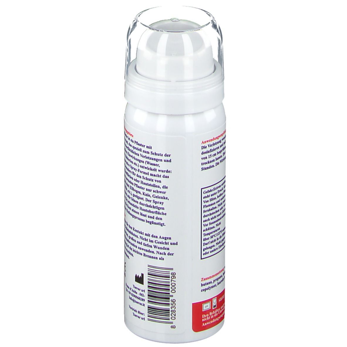 Weiße Sprühflasche mit transparentem Deckel. Text auf Deutsch. Text: Anwendungshinweise. 40 ml. Barcode.