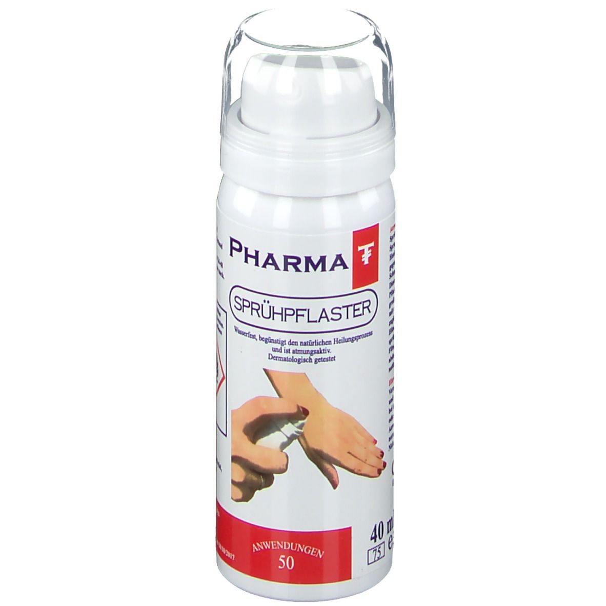Weiße Sprühflasche mit transparentem Deckel. Aufschrift: PHARMA Sprühpflaster. Illustration: Hand besprüht Handgelenk. 40 ml.