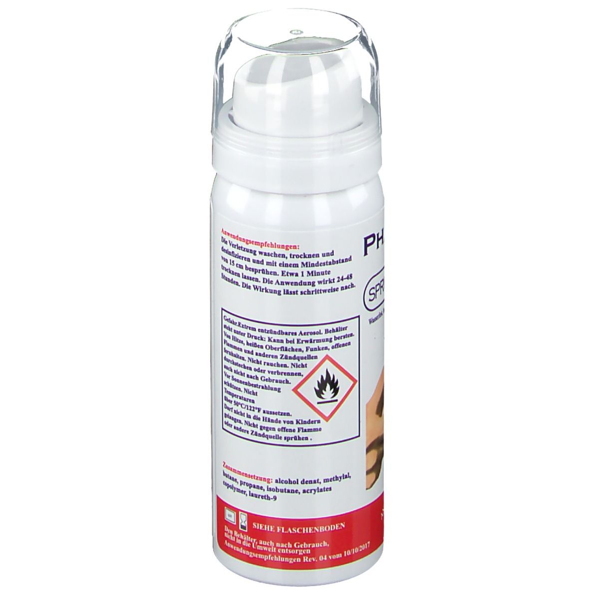 Weiße Sprühflasche mit transparentem Deckel. Text: Anwendungsempfehlungen. Warnhinweis. Inhaltsstoffe. 40 ml.