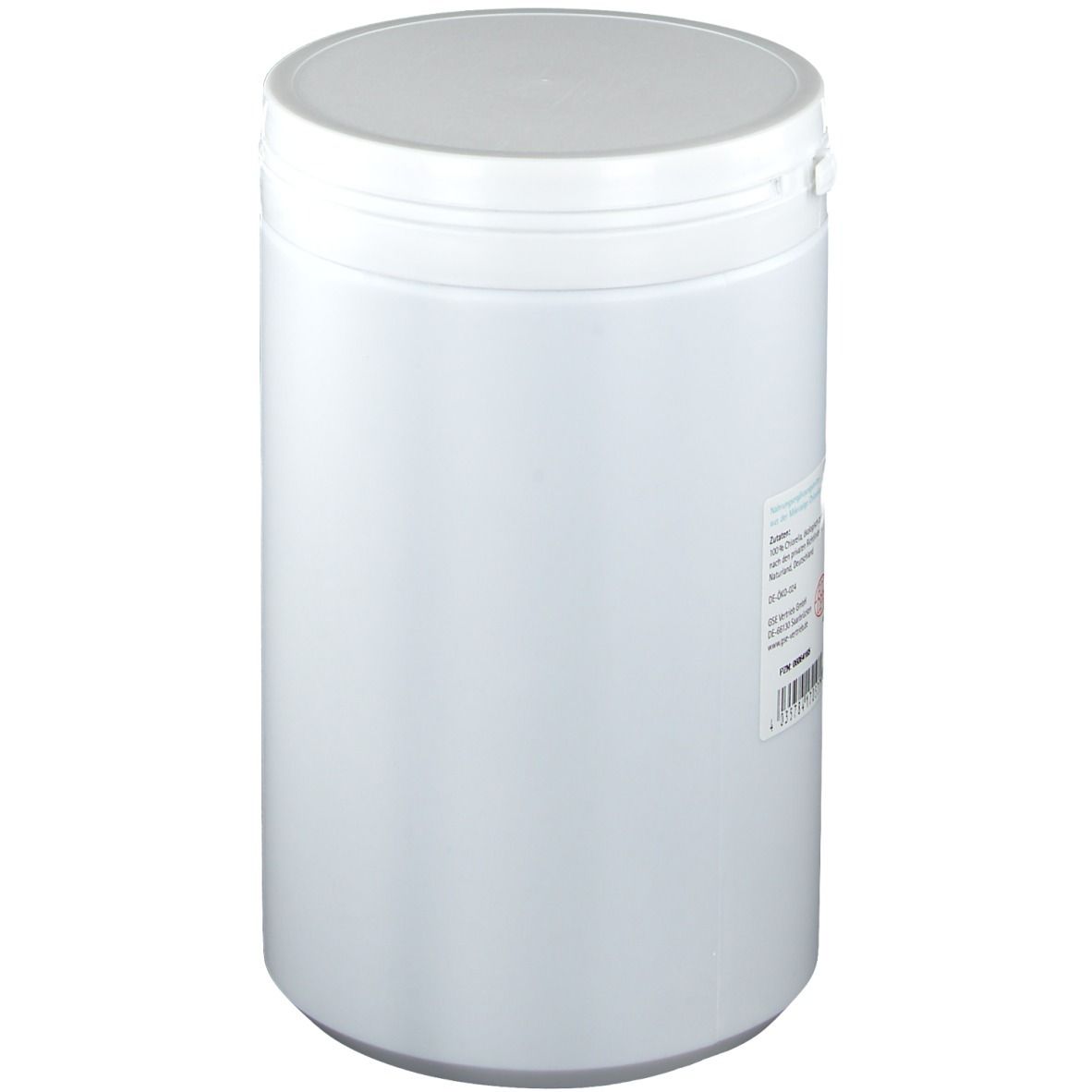 Weißer zylindrischer Behälter mit weißem Deckel. Etikett mit Text und Barcode.