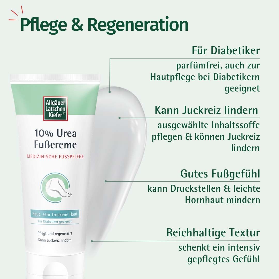 Tube de crème et avantages. Allgäuer Latschenkiefer 10% Urea Fußcreme. Pour diabétiques, soulage les démangeaisons, bonne sensation, texture riche.