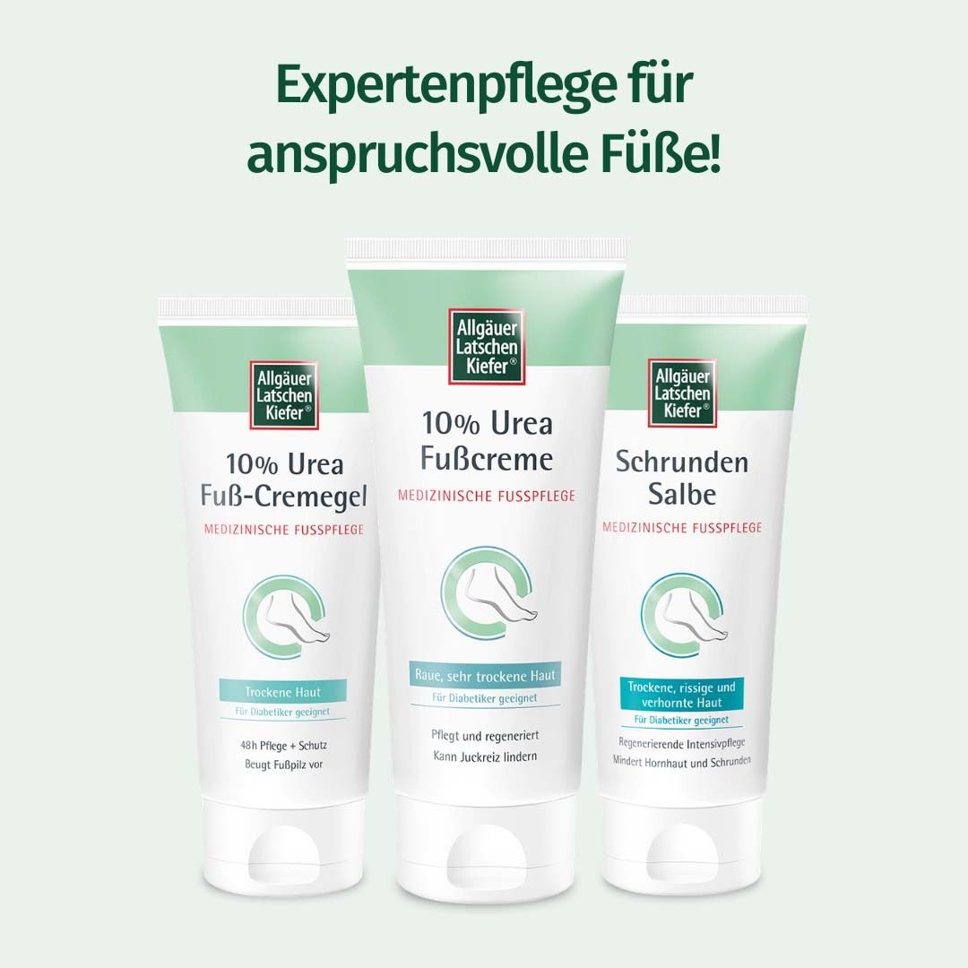 Trois tubes de crème pour les pieds. Allgäuer Latschenkiefer. 10% Urea Fußcreme, Fuß-Creme-Gel, Schrunden Salbe. Soin expert pour pieds exigeants.