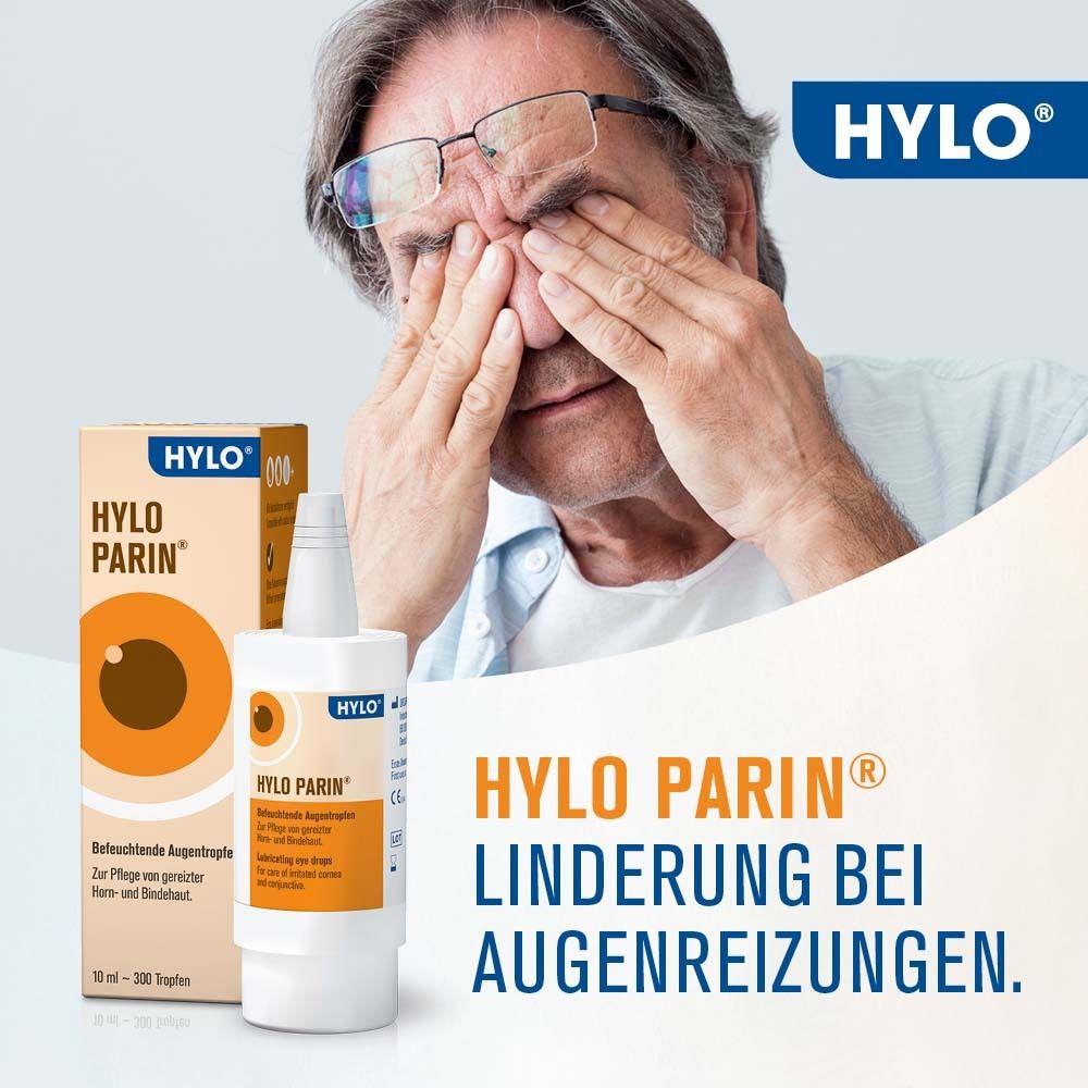 Homme frottant les yeux. Emballage et flacon HYLO-PARIN® à côté. Texte: Soulagement des irritations oculaires.