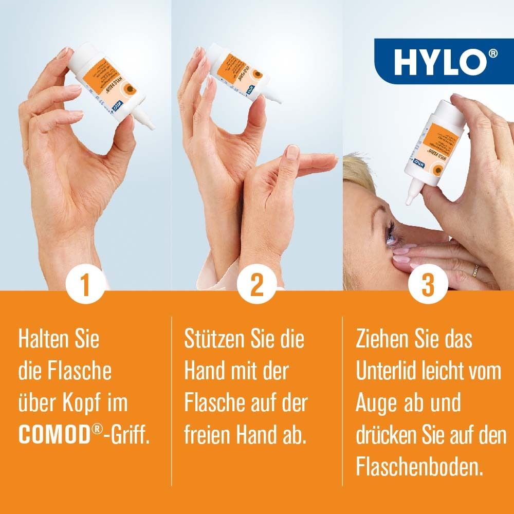 Trois images montrent l'application de HYLO-PARIN®: tenir le flacon, soutenir la main, tirer la paupière inférieure et appuyer.