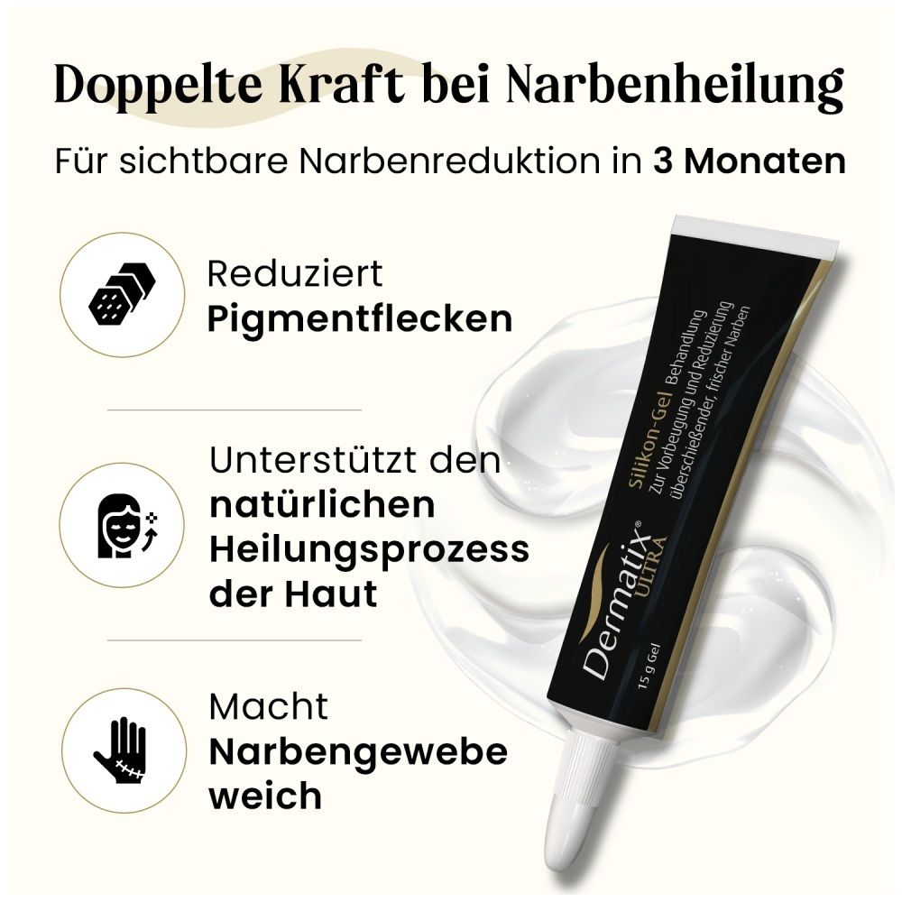 Dermatix Ultra Gel: Reduziert Pigmentflecken, unterstützt Heilung, macht Narbengewebe weich.