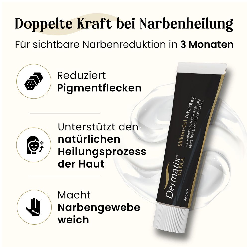 Tube de Dermatix Ultra Gel et informations. Réduit les taches pigmentaires, soutient la peau et adoucit le tissu cicatriciel. Image.
