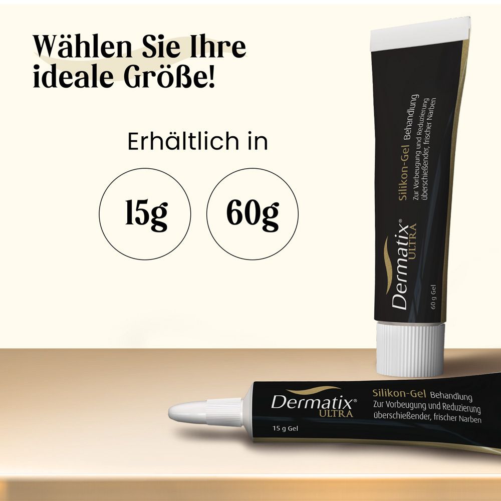 Tube et emballage de Dermatix Ultra Gel. Tube noir avec bouchon blanc et texte. Boîte noire avec informations sur le produit.