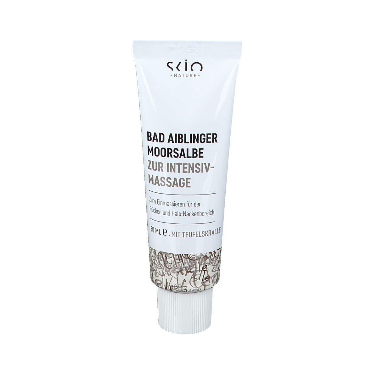Tube blanc avec inscription : Bad Aiblinger Moorsalbe zur Intensiv-Massage. Marque : SKIO Nature. Fond blanc.