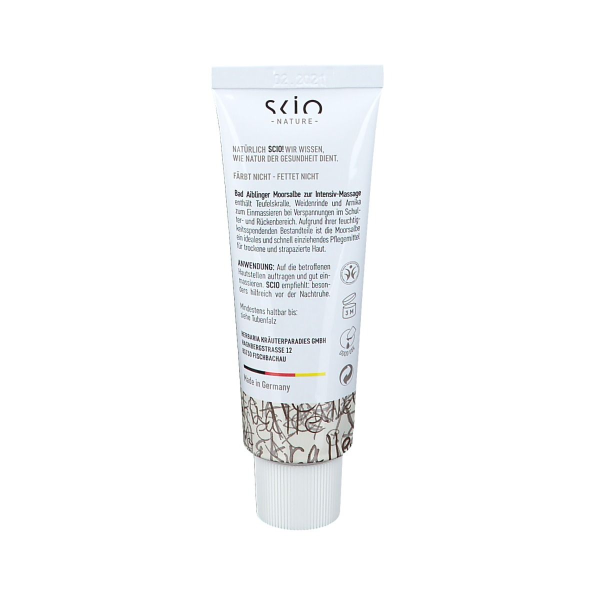 Tube blanc avec inscription : Bad Aiblinger Moorsalbe zur Intensiv-Massage. Texte au dos. Marque : SKIO Nature.
