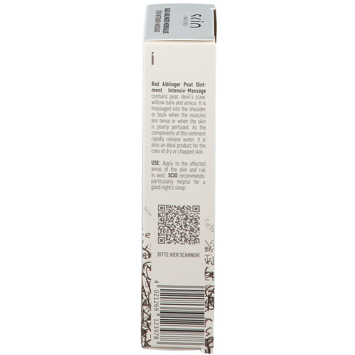 Boîte, vue latérale. Texte : Bad Aiblinger Moorsalbe zur Intensiv-Massage. Marque : SKIO Nature. Code QR.