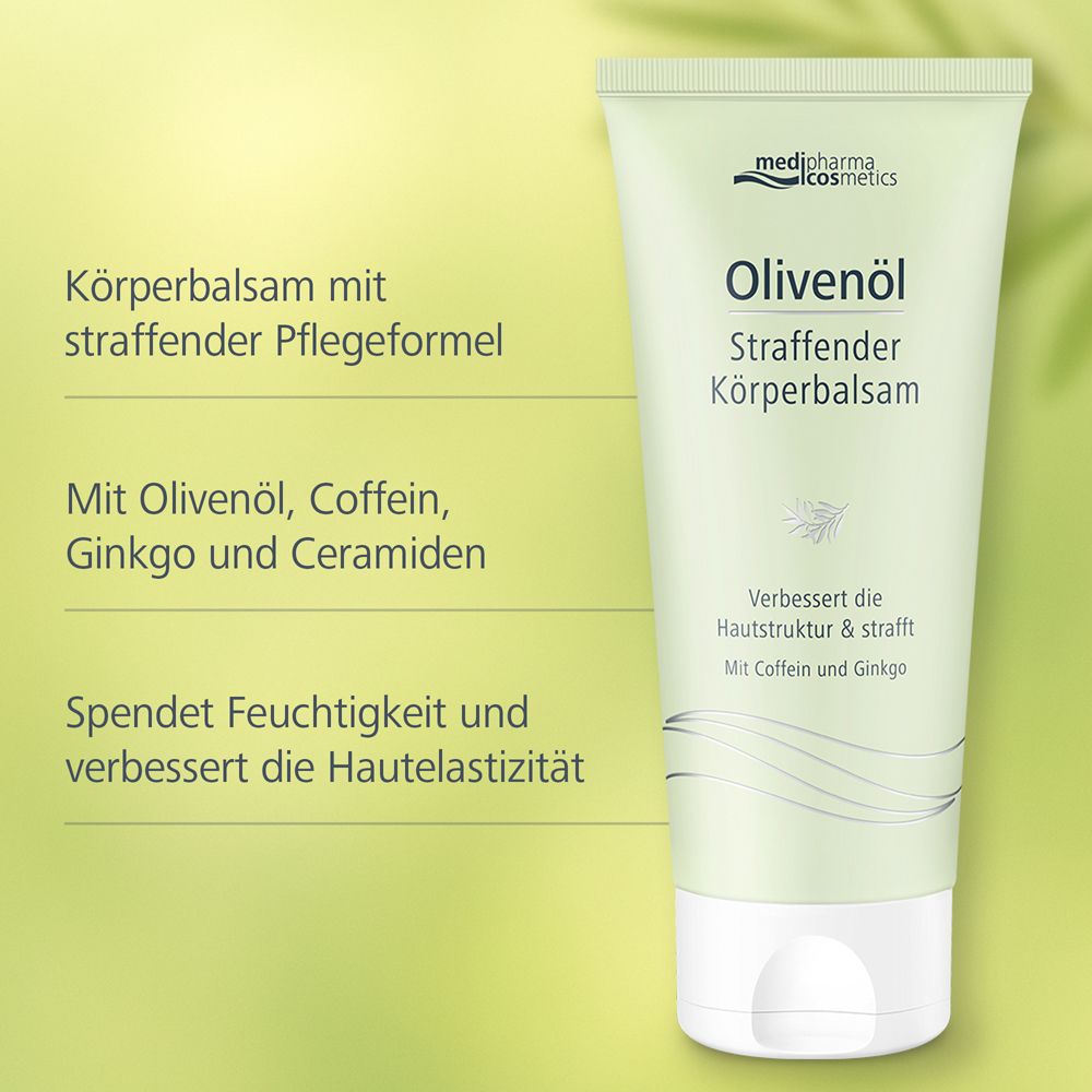 Tube vert avec Olivenöl Straffender Körperbalsam. Texte : Avec huile d'olive, caféine, ginkgo et céramides. Améliore la peau.