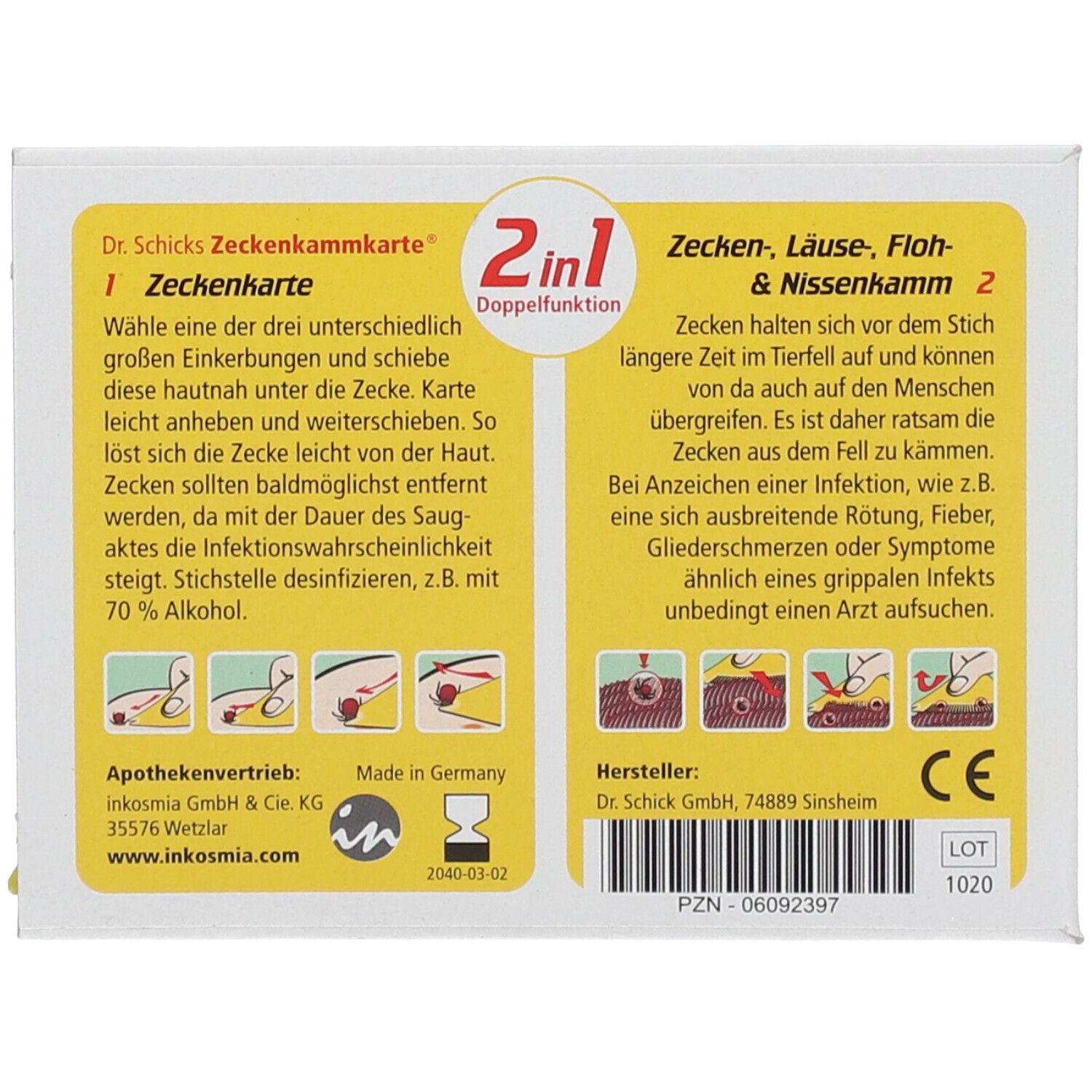 Dos de la carte anti-tiques. Texte : Dr. Schicks Zeckenkammkarte, fonction double 2 en 1. Illustrations : utilisation, symptômes. Marquage CE.
