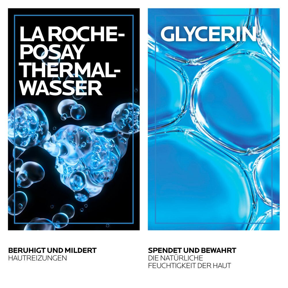 Deux panneaux publicitaires. La Roche-Posay Eau Thermale et Glycérine. Texte: Apaise et adoucit, hydrate et préserve l'hydratation.