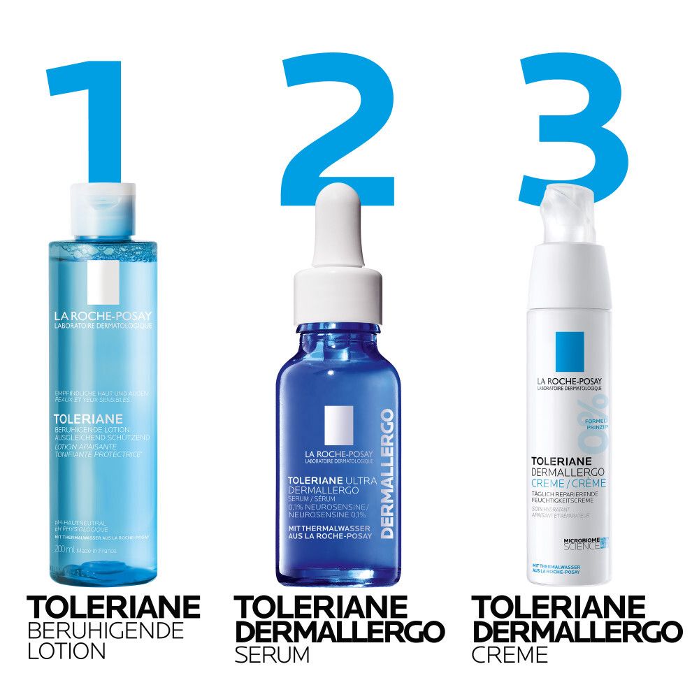 Trois produits La Roche-Posay: Toleriane lotion apaisante, Toleriane Dermallergo Sérum, Toleriane Dermallergo Crème.