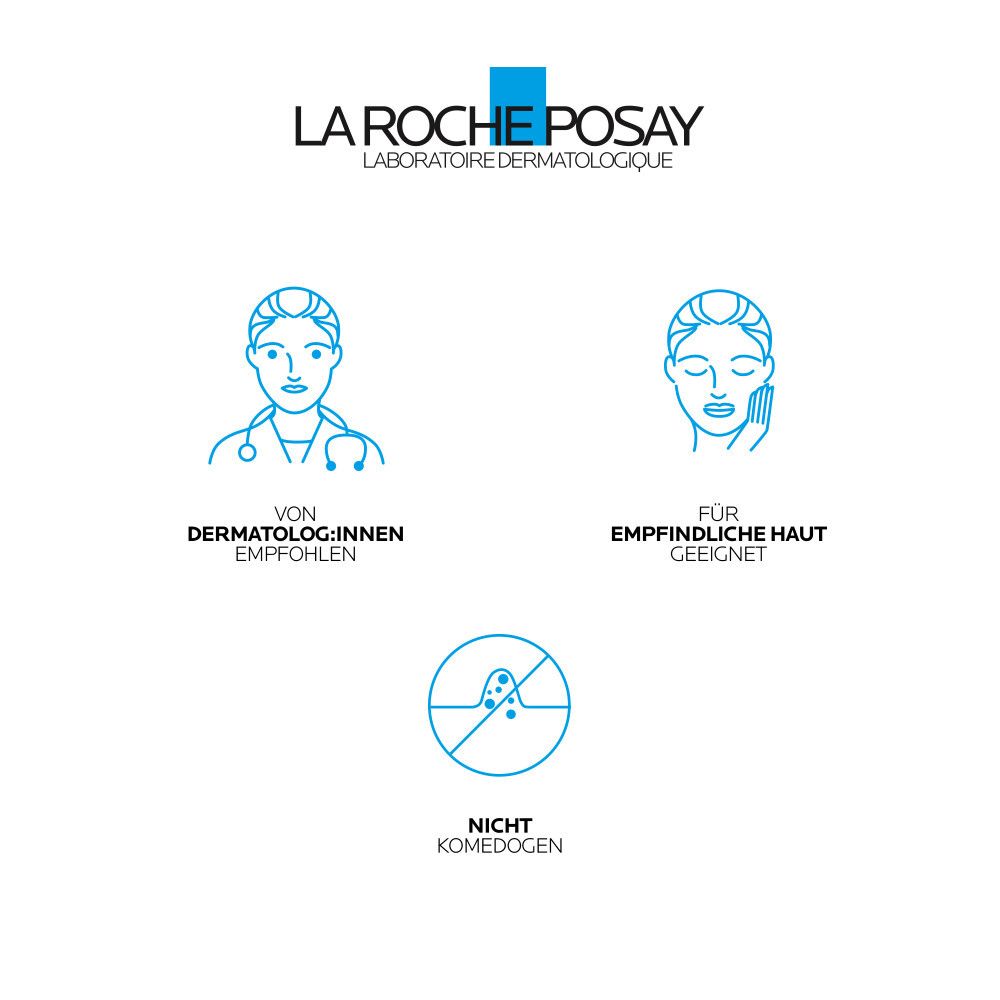 Symboles: Recommandé par les dermatologues, convient aux peaux sensibles, non comédogène. Logo La Roche-Posay.