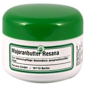 Creme-Dose mit grünem Deckel. Aufschrift: Majoranbutter Resana. Für anspruchsvolle Haut.