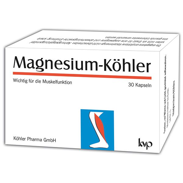 Magnesium-Köhler capsules. Boîte blanche avec texte rouge. 30 capsules. Illustration d'une jambe.