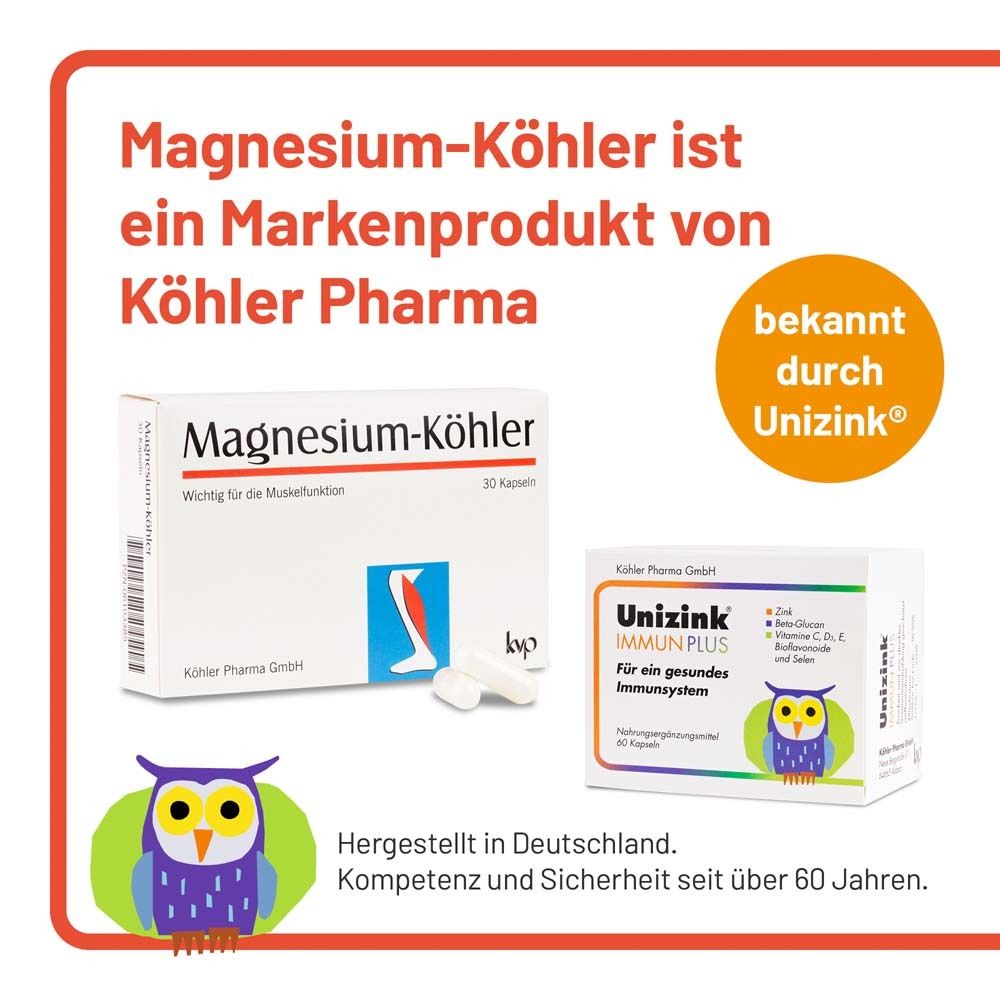 Magnesium-Köhler et Unizink Immun Plus. Texte : Produit de marque de Köhler Pharma. Fabriqué en Allemagne.