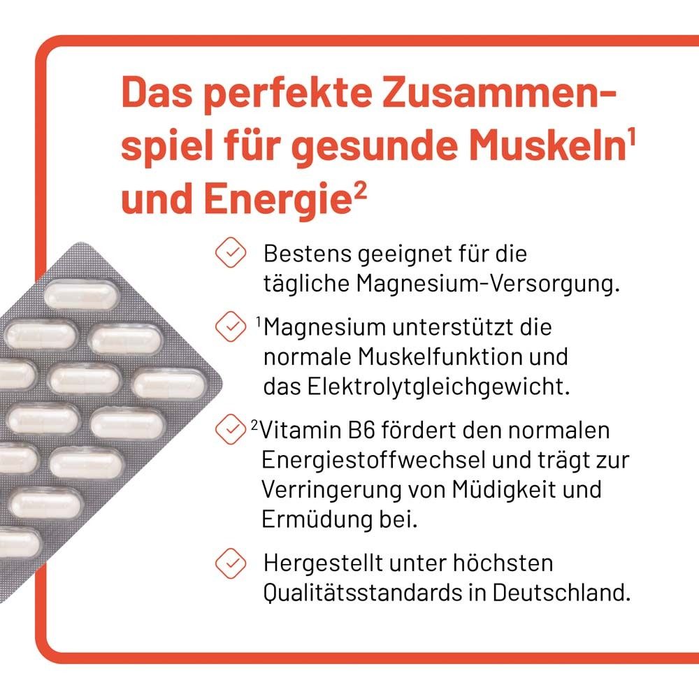 Text mit Informationen zu Magnesium und Vitamin B6. Hergestellt in Deutschland.