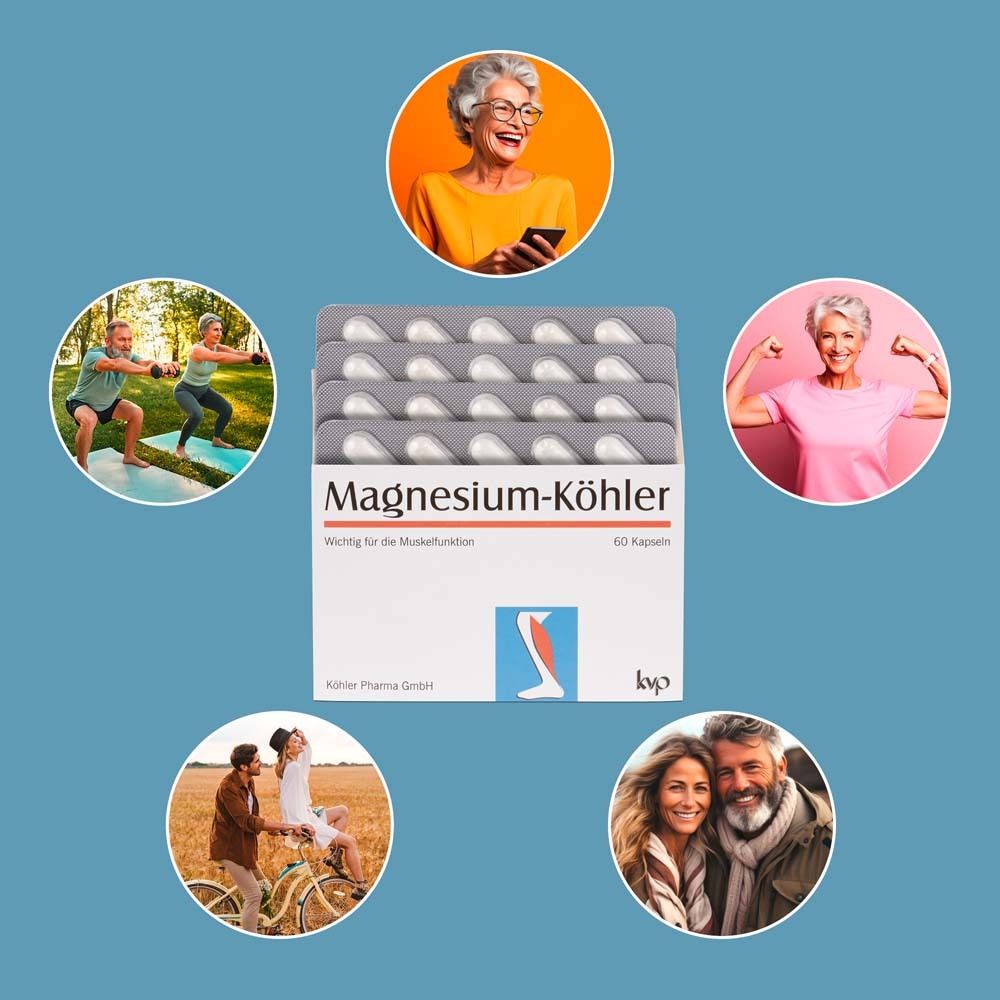 Produktverpackung mit Menschen in verschiedenen Situationen. 60 Kapseln.
