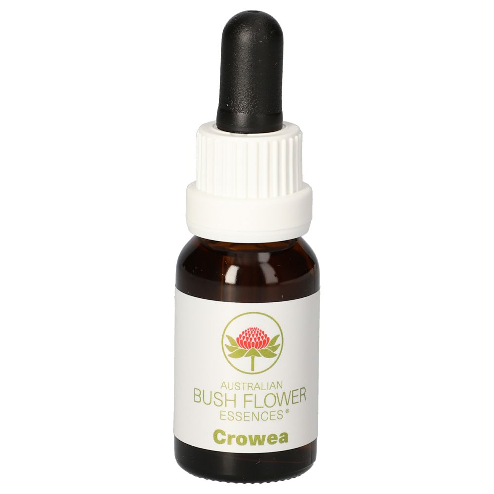 Braune Glasflasche mit Pipettenverschluss und Etikett, das 'AUSTRALIAN BUSH FLOWER ESSENCES Crowea' zeigt.