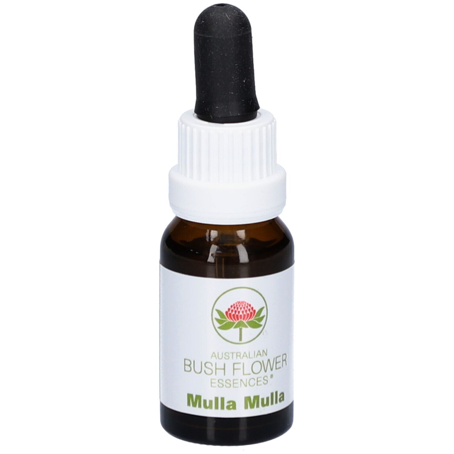 Flacon en verre brun avec étiquette blanche. Inscription : Australian Bush Flower Essences Mulla Mulla. Avec pipette noire.