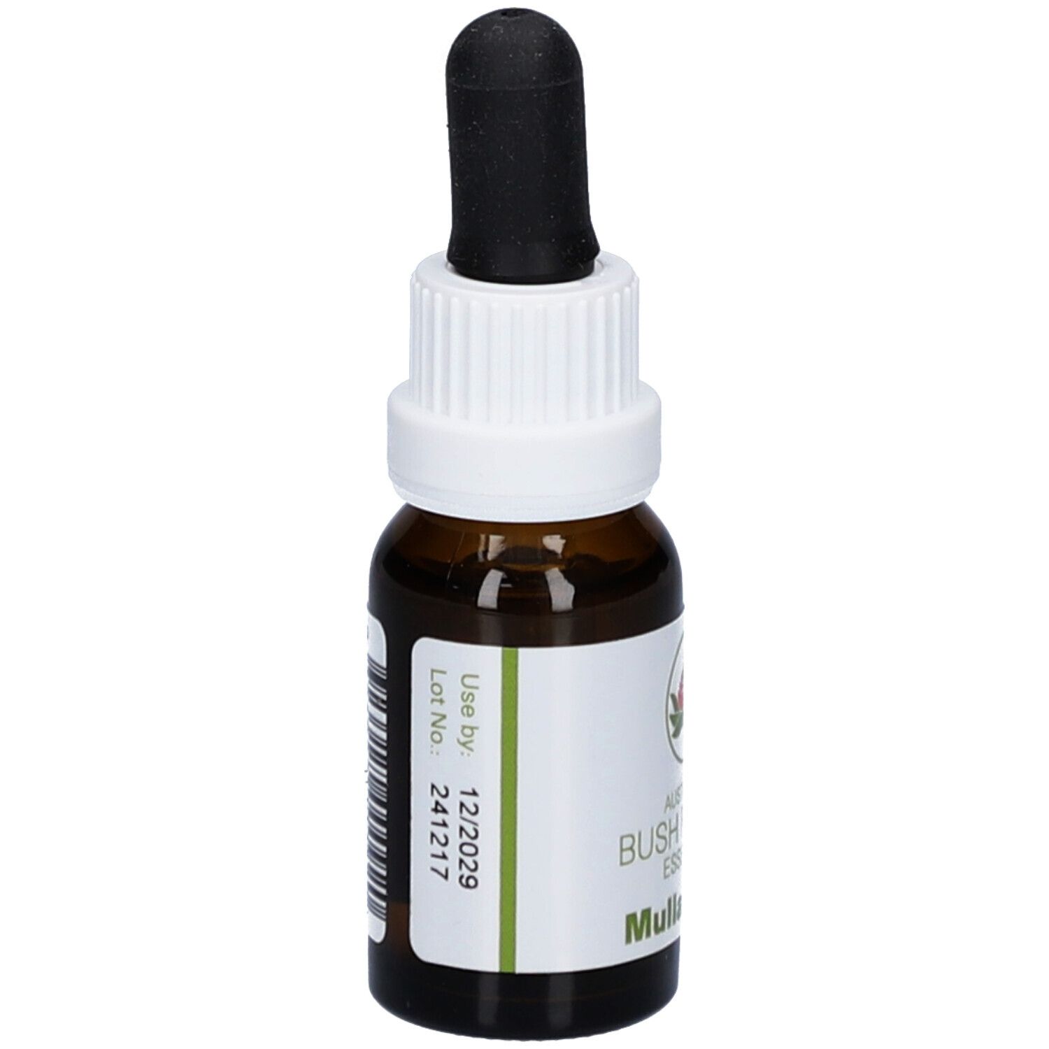 Flacon en verre brun avec étiquette blanche. Inscription : Australian Bush Flower Essences Mulla Mulla. Avec pipette noire. Date de péremption.