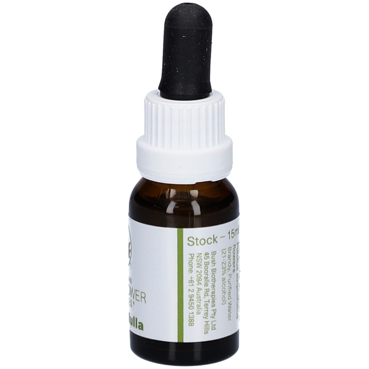 Flacon en verre brun avec étiquette blanche. Inscription : Stock - 15ml. Avec pipette noire. Plus d'informations.