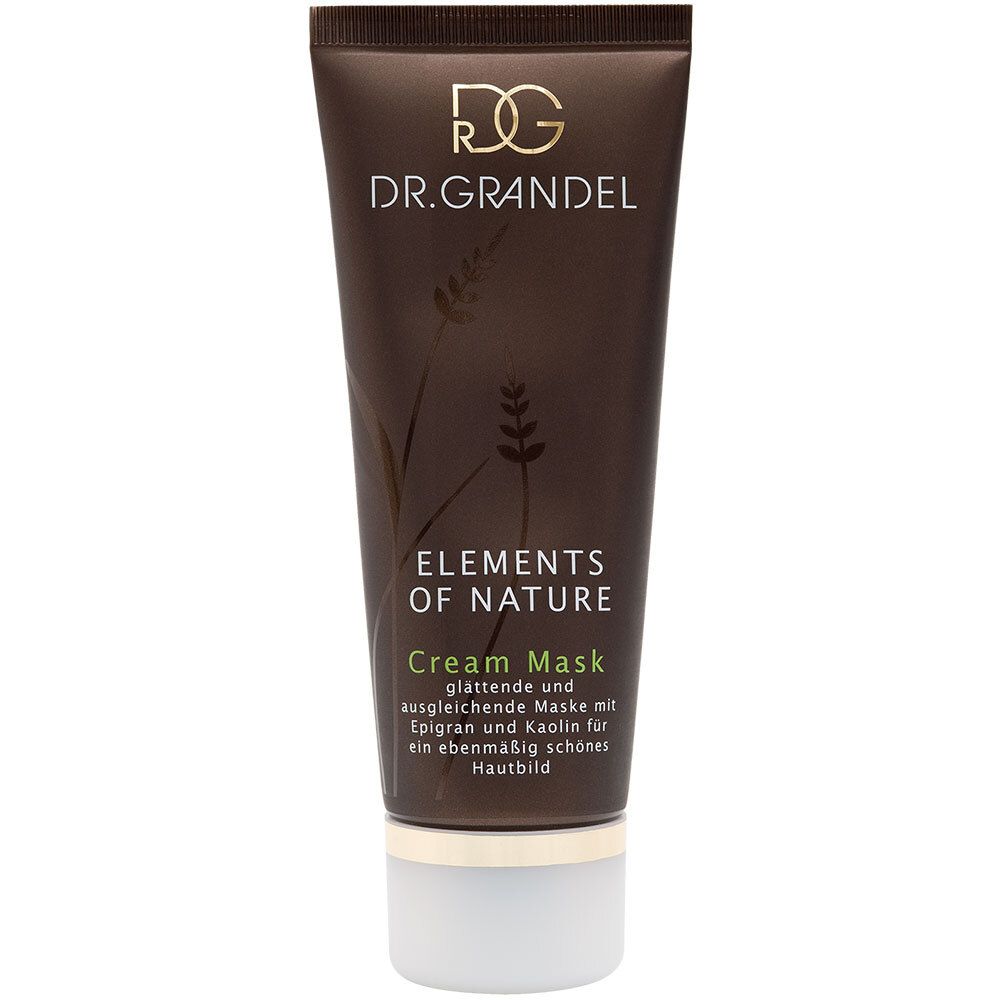 Tube marron avec bouchon blanc. Inscription : DR. GRANDEL, ELEMENTS OF NATURE, Cream Mask.