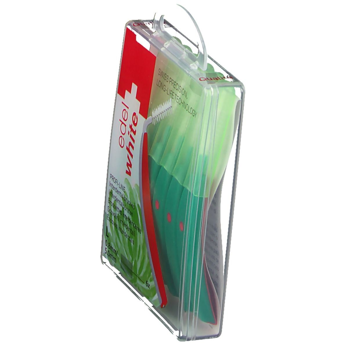 Verpackung mit Interdentalbürsten. Transparentes Etui mit rotem Griff und grünen Borsten. Hängevorrichtung.