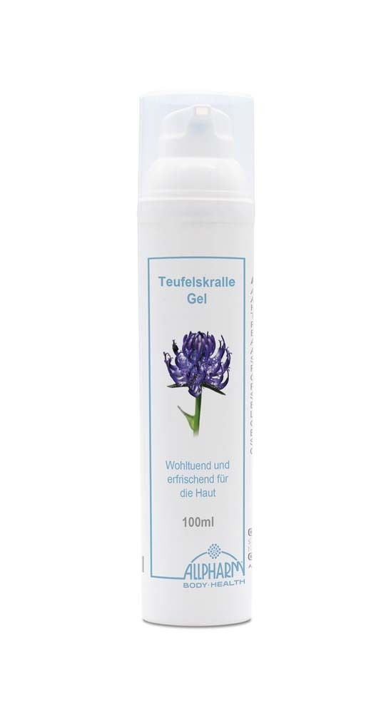 Weiße Flasche mit Teufelskralle Gel. Aufschrift: Teufelskralle Gel, Illustration einer Blume, 100ml. Marke: ALLPHARM.