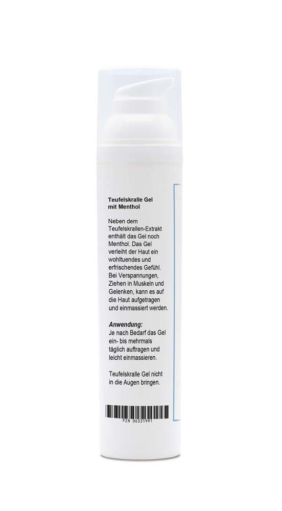 Rückseite der Flasche mit Text: Teufelskralle Gel mit Menthol. Beschreibung und Anwendung. Barcode.