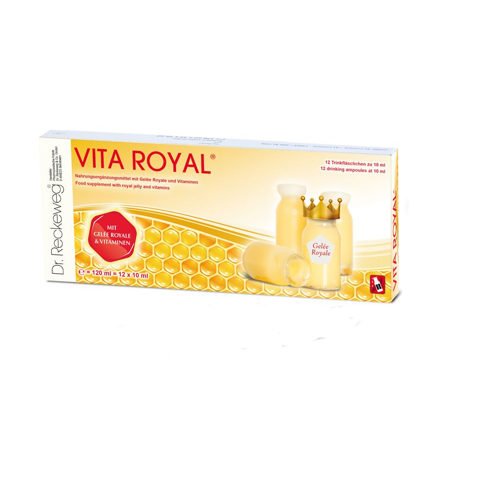 Vita Royal® Trinkampullen-Packung. 12 Trinkampullen, 120 ml. Gelée Royale und Vitamine. Produktabbildung.