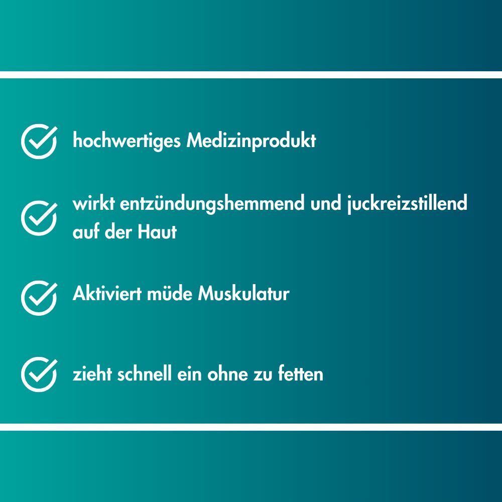 Liste mit vier Vorteilen: Hochwertiges Medizinprodukt, entzündungshemmend, aktiviert Muskulatur, zieht schnell ein.