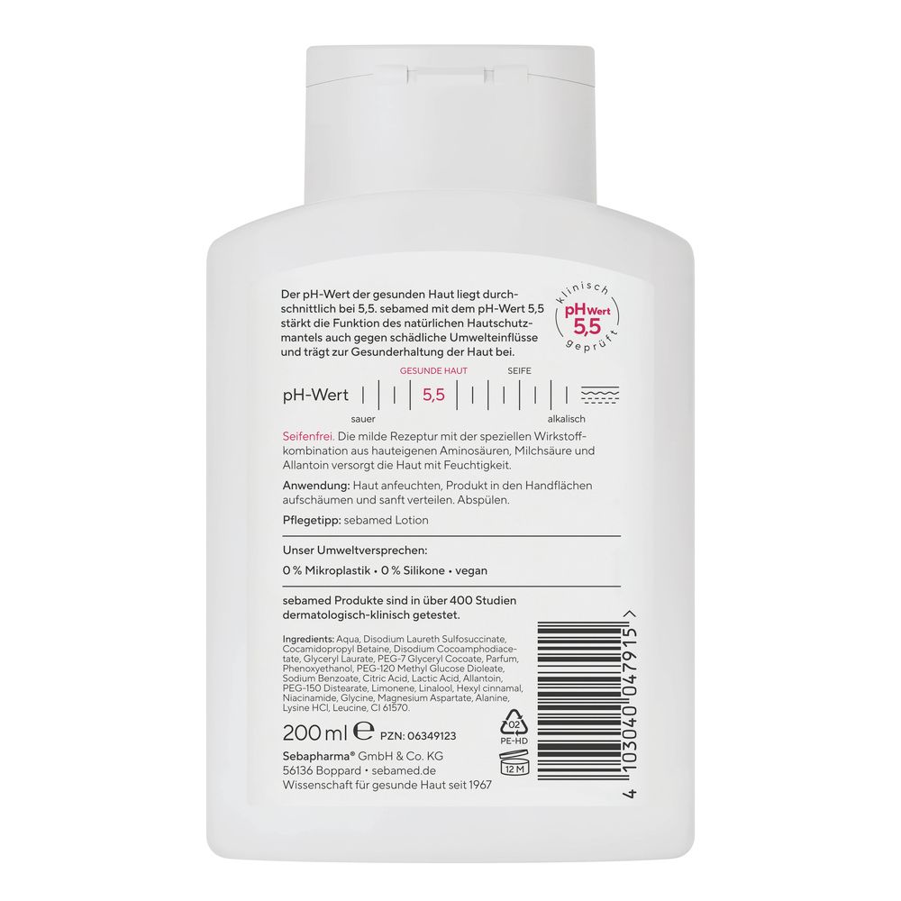 Rückseite der weißen Flasche. Text: pH-Wert 5,5, Inhaltsstoffe, 200 ml, Herstellerinformationen.