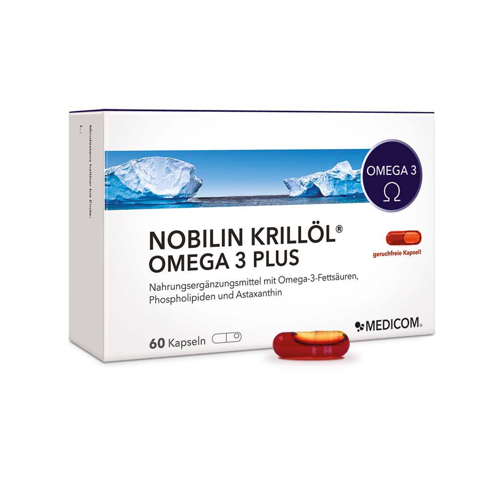 Weiße Schachtel mit NOBILIN KRILLÖL OMEGA 3 PLUS. Enthält 60 Kapseln. Eine Kapsel liegt daneben. MEDICO. Logo.