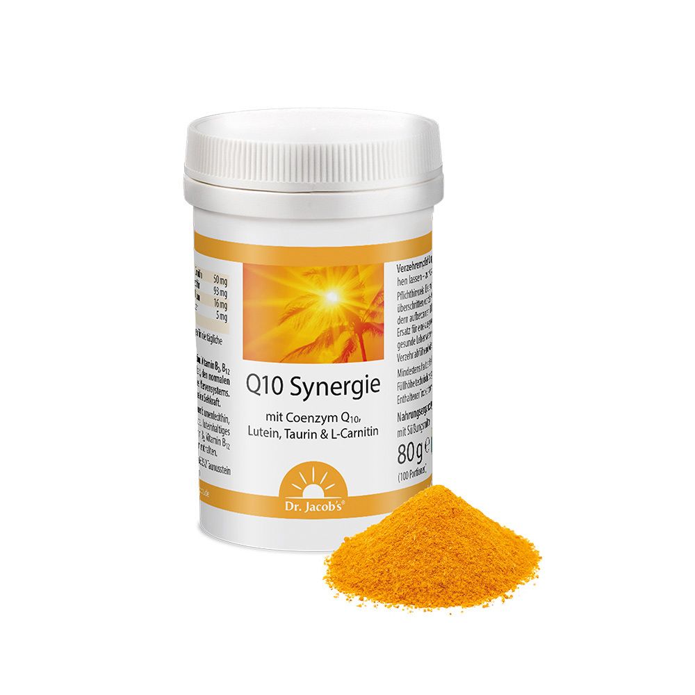 Récipient blanc avec couvercle. À côté, poudre orange. Inscription: Q10 Synergie, Dr. Jacob's. 80g.