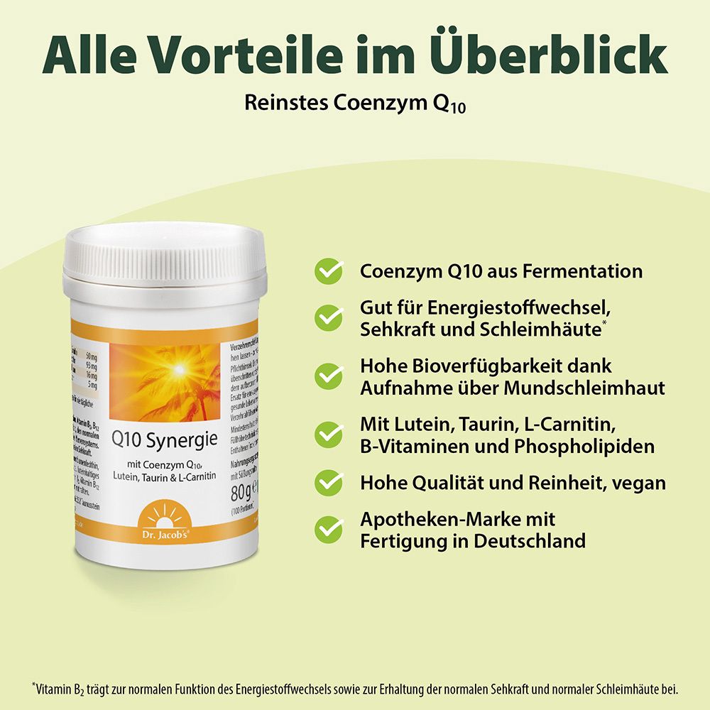 Récipient Q10 Synergie, Dr. Jacob's. Liste: avantages, Coenzyme Q10, énergie, lutéine, végétalien, marque pharmacie.