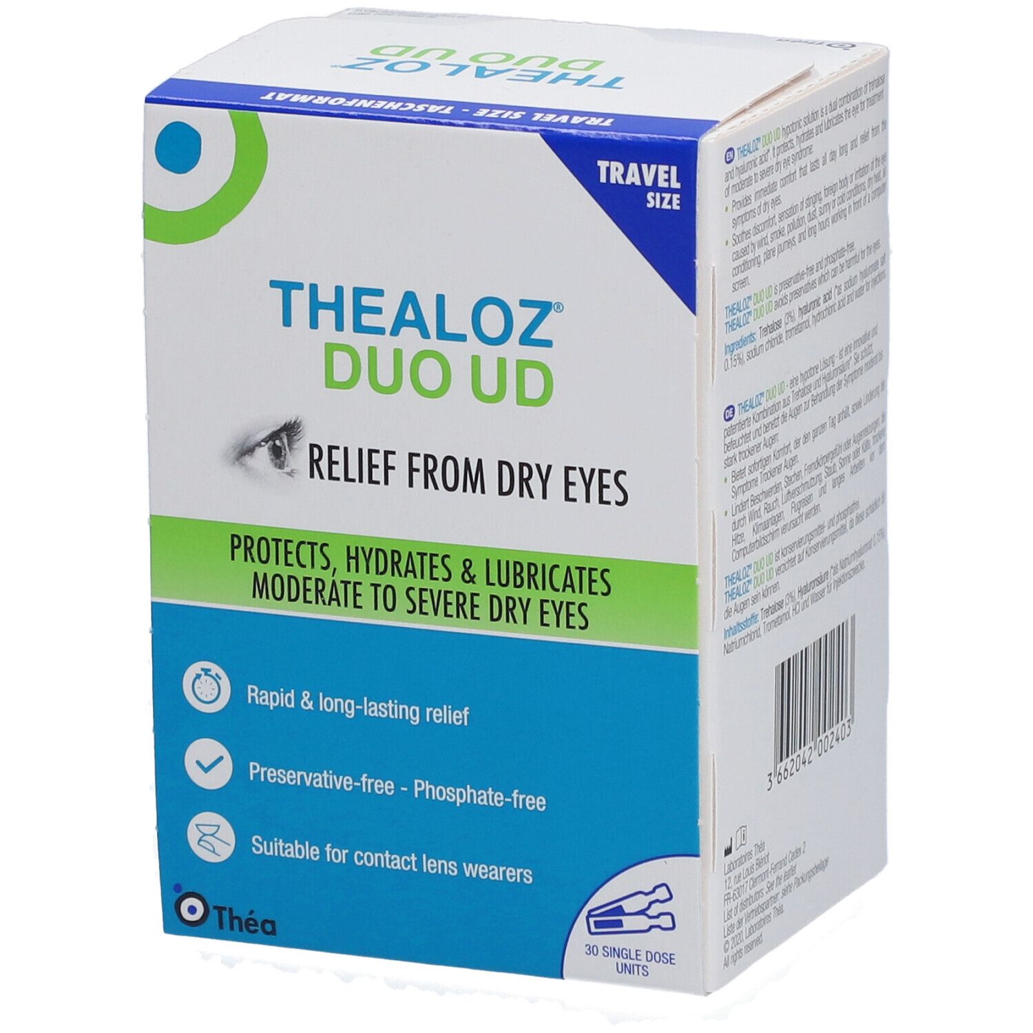 Boîte de Thealoz Duo UD. Texte : Soulagement des yeux secs, protège, hydrate et lubrifie. 30 unidoses. Format voyage.