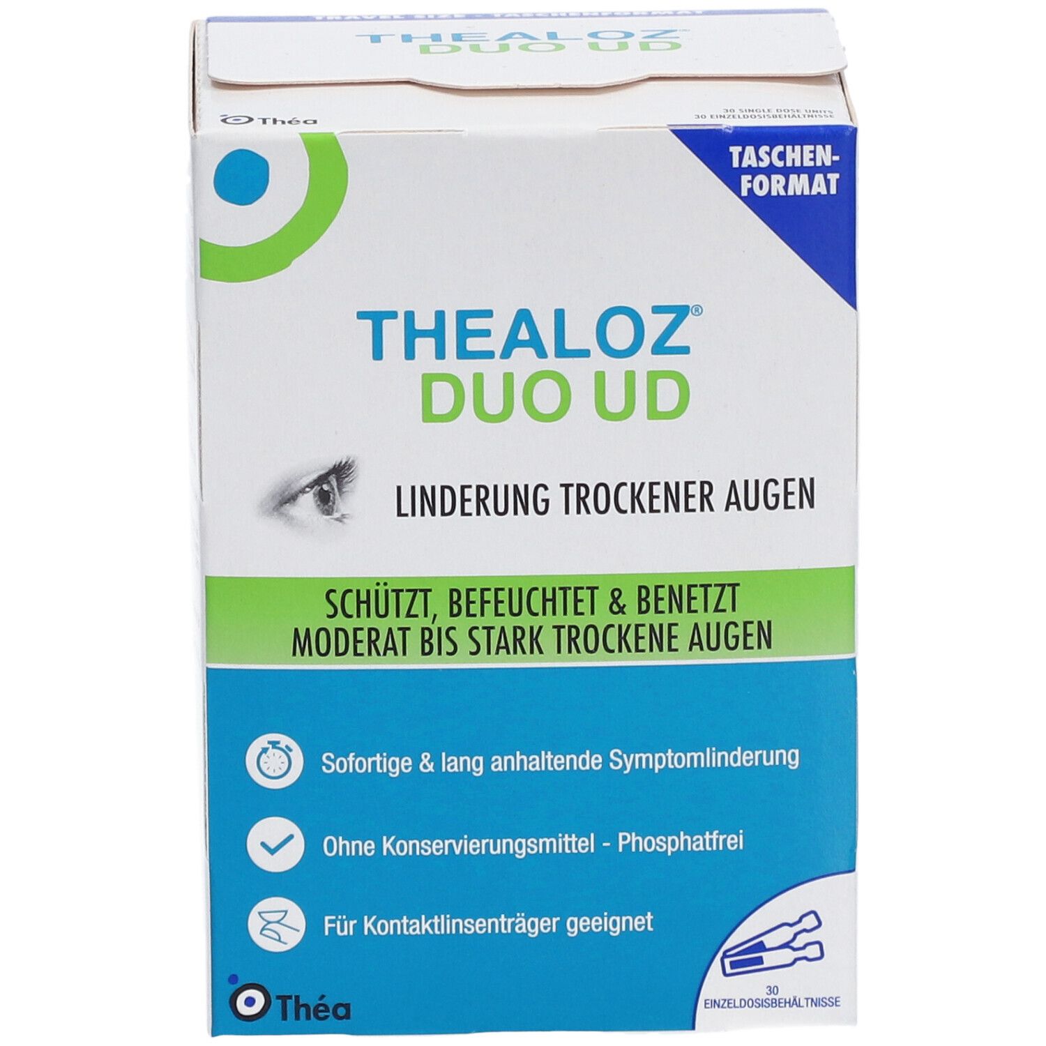 Boîte de Thealoz Duo UD. Texte : Soulagement des yeux secs, protège, hydrate et lubrifie. Format de poche.