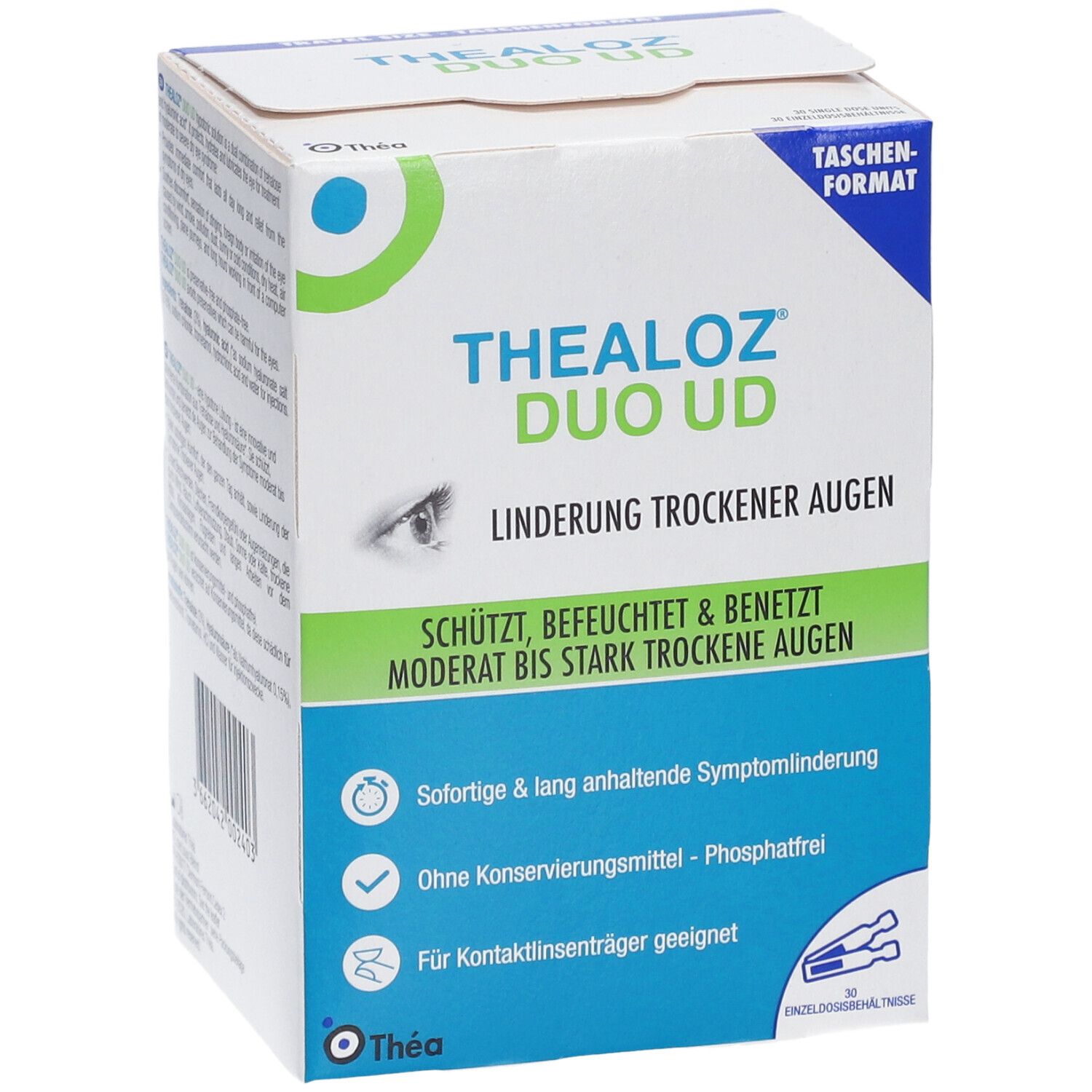 Boîte de Thealoz Duo UD. Texte : Soulagement des yeux secs, protège, hydrate et lubrifie. Format de poche.