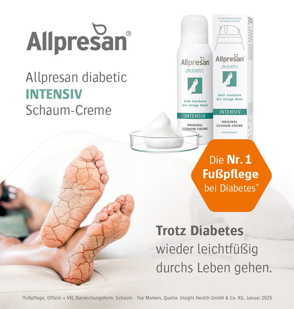 Werbebild mit Allpresan diabetic Schaum-Creme, Füßen mit trockener Haut und Text.  Nr. 1 Fußpflege bei Diabetes.