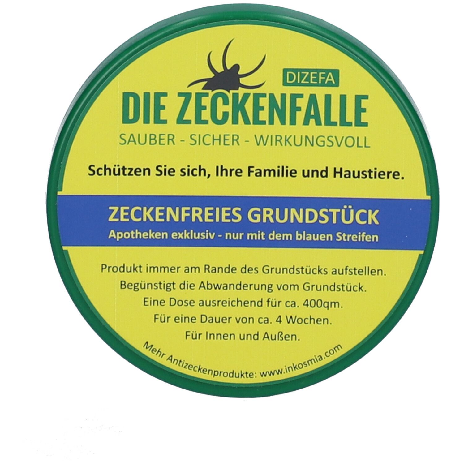 Boîte ronde verte avec couvercle jaune. Inscription : Die Zeckenfalle. Bande bleue avec texte. Logo : Tique. Texte : Zeckenfreies Grundstück.